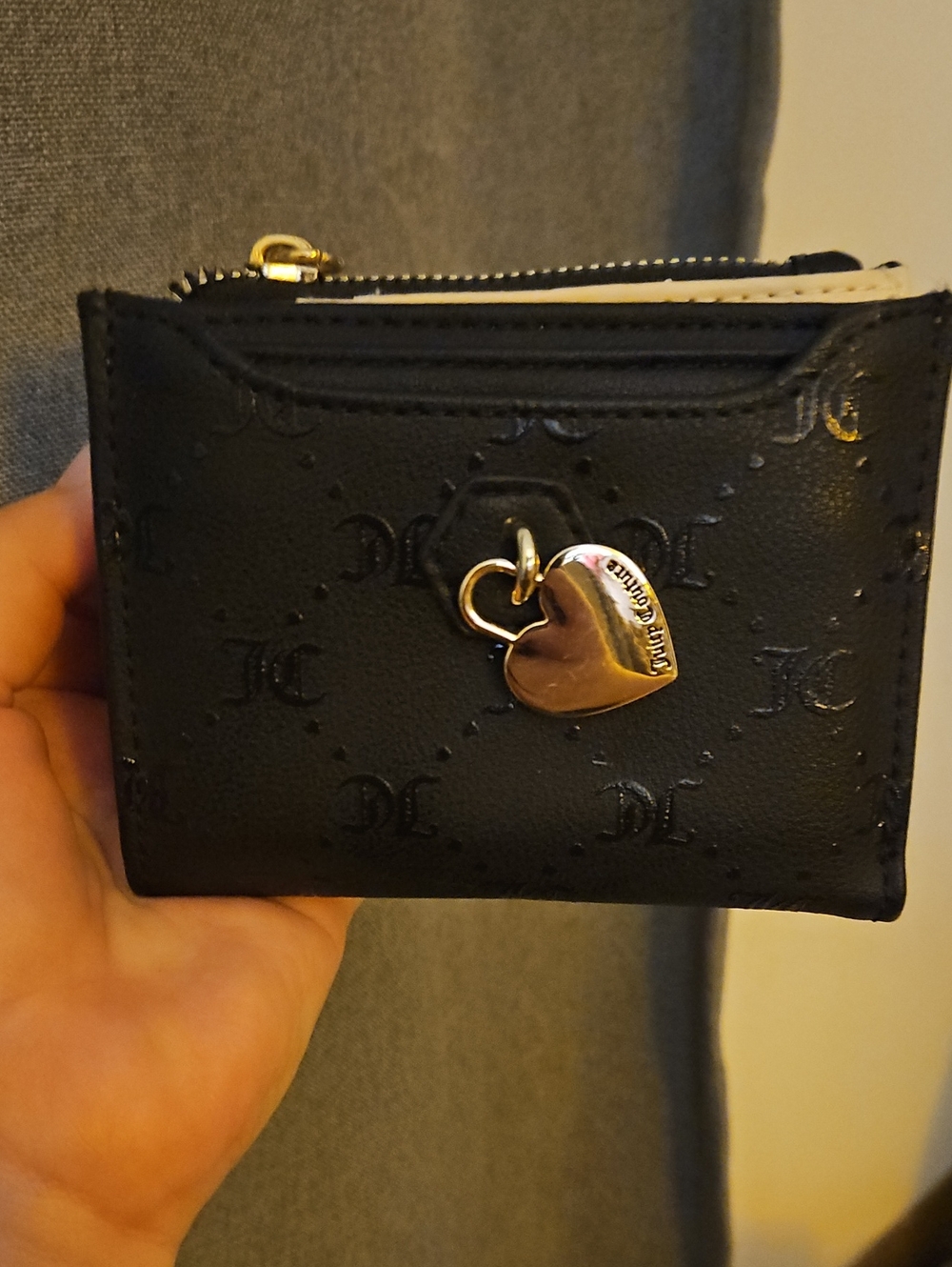 Black Embossed Mini Wallet with Gold Heart Charm